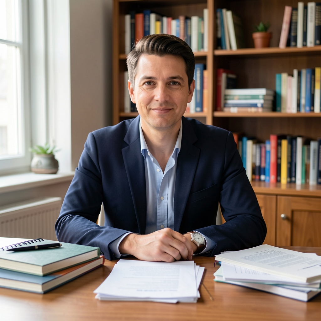 Porträt einer Person an einem Schreibtisch mit Notizbüchern und Dokumenten, Studienhintergrund in natürlichem Licht