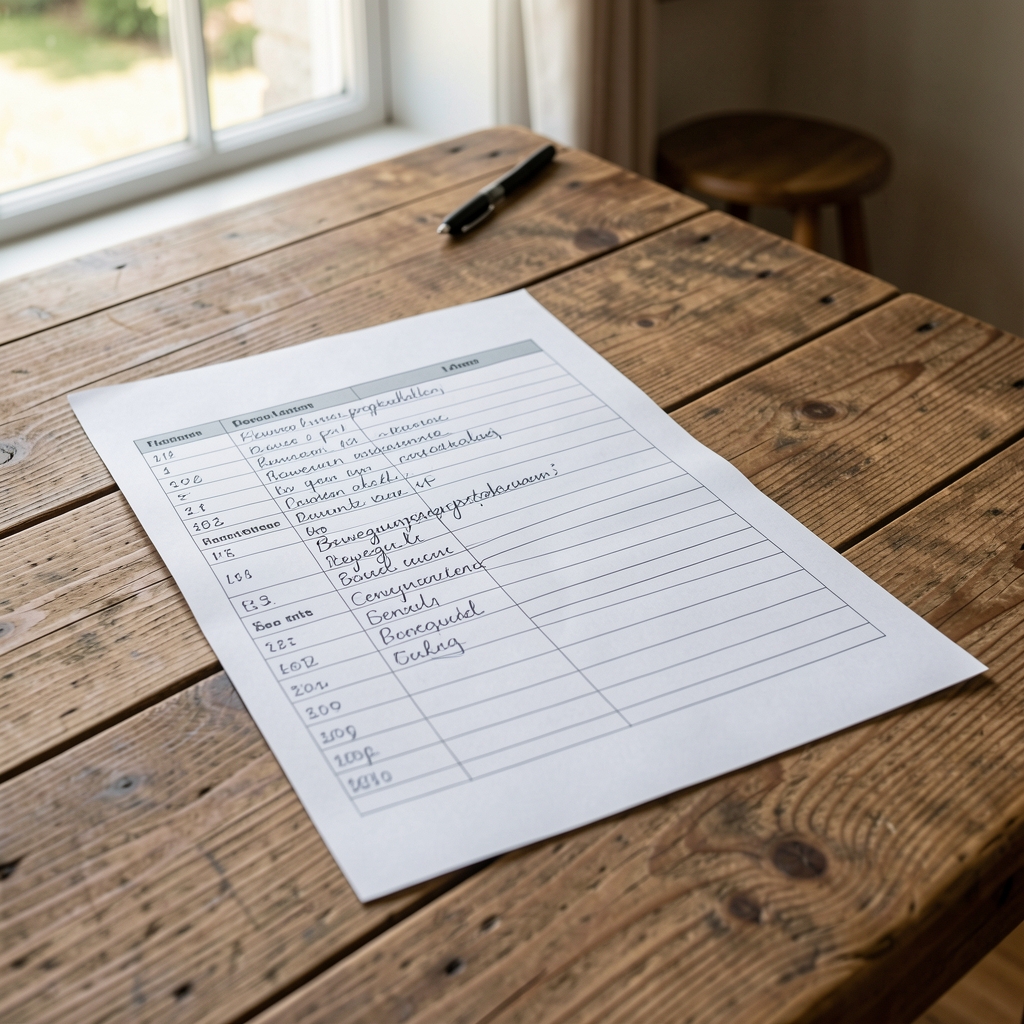 Aufgeklapptes Notizbuch mit handschriftlichen Tabellen zu Bewegungsprotokollen, Holztisch, natürliches Tageslicht