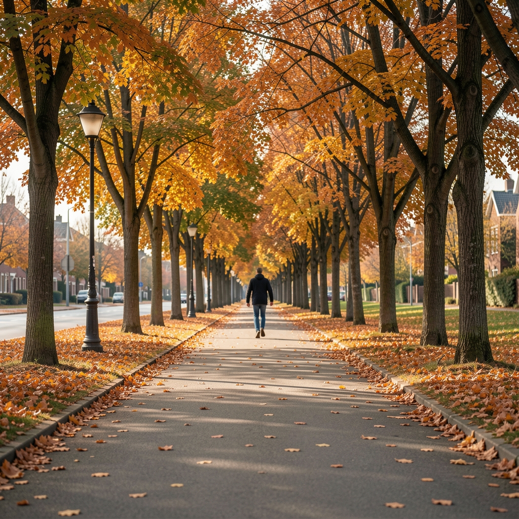 Berliner Stadtpark mit Gehweg, Bäume im Herbst, Person in Bewegung im Hintergrund, dokumentarische Aufnahme