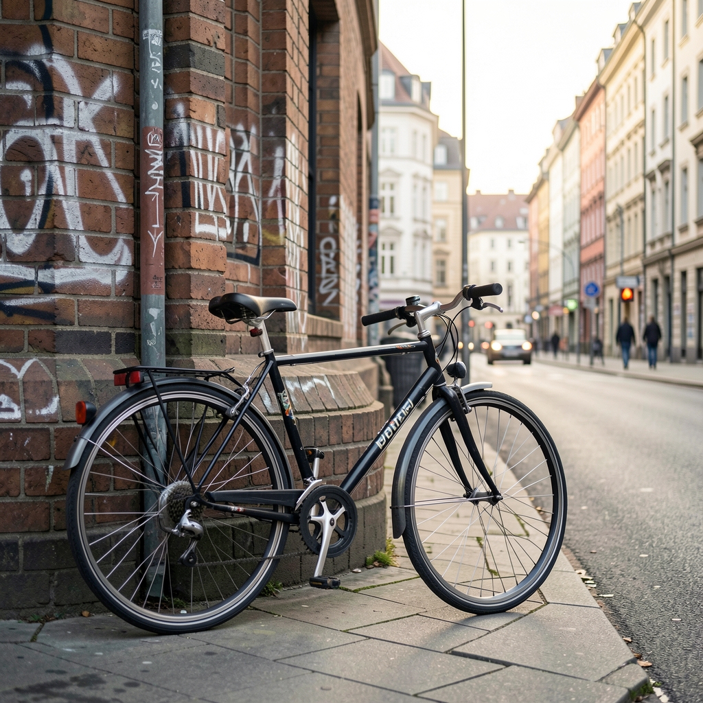Fahrrad an einer Berliner Straßenwand, frühmorgens, Alltagsmobilität und moderater Aktivität als Dokumentationsthema