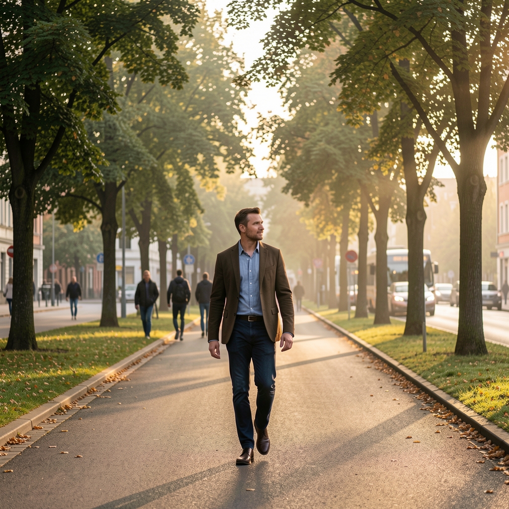 Person geht auf einem Stadtweg in Berlin, umgeben von Bäumen, Morgenlicht, alltägliche Bewegungsszene