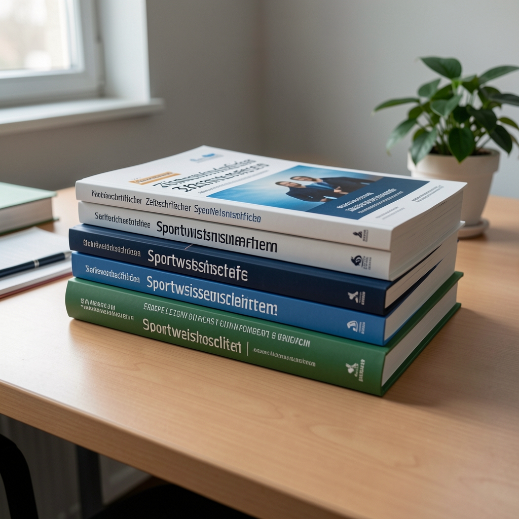 Stapel wissenschaftlicher Zeitschriften zu Sportwissenschaften auf einem Schreibtisch, kontrollierte Studienlichtgebung