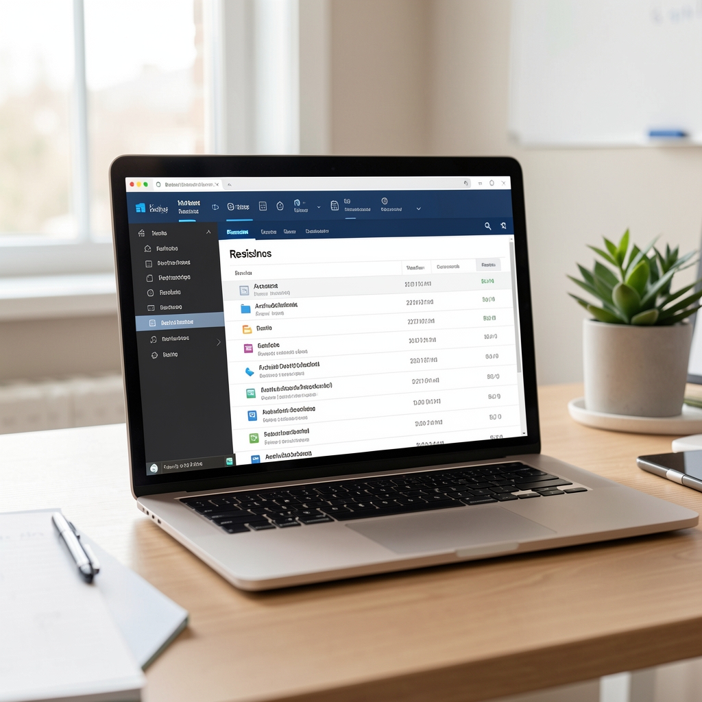 Laptop-Bildschirm mit Archivdatenbank, Revisionsliste geöffnet, saubere workspace Atmosphäre