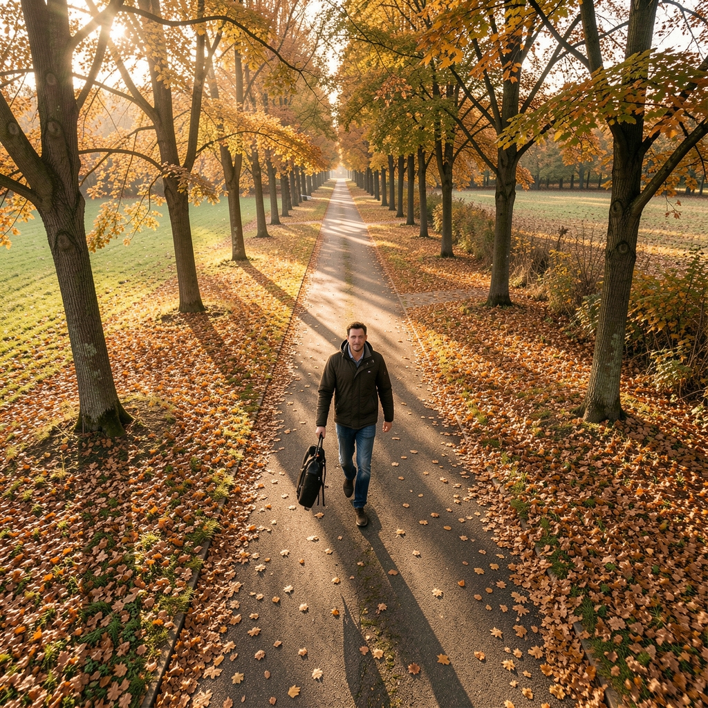 Person beim zügigen Spaziergang auf einem Berliner Parkweg, Herbstlicht, alltagsnahe Bewegungsszene aus der Vogelperspektive
