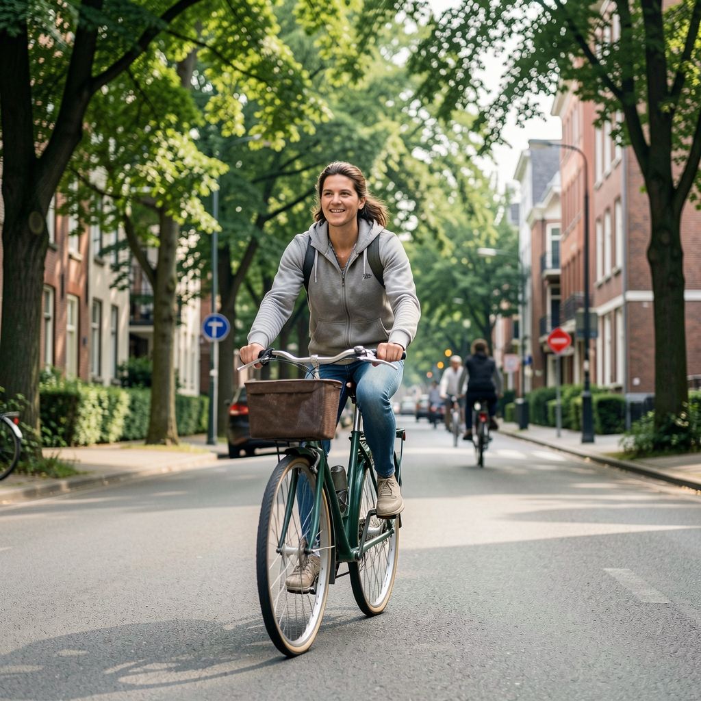 Fahrrad auf einem Berliner Radweg, städtische Alltagsmobilität, Person fährt in gemäßigtem Tempo durch grüne Straße