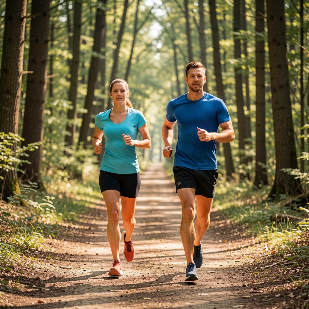 Zwei Personen laufen nebeneinander auf einem Waldpfad bei Tageslicht, moderates Tempo, dokumentarische Laufszene