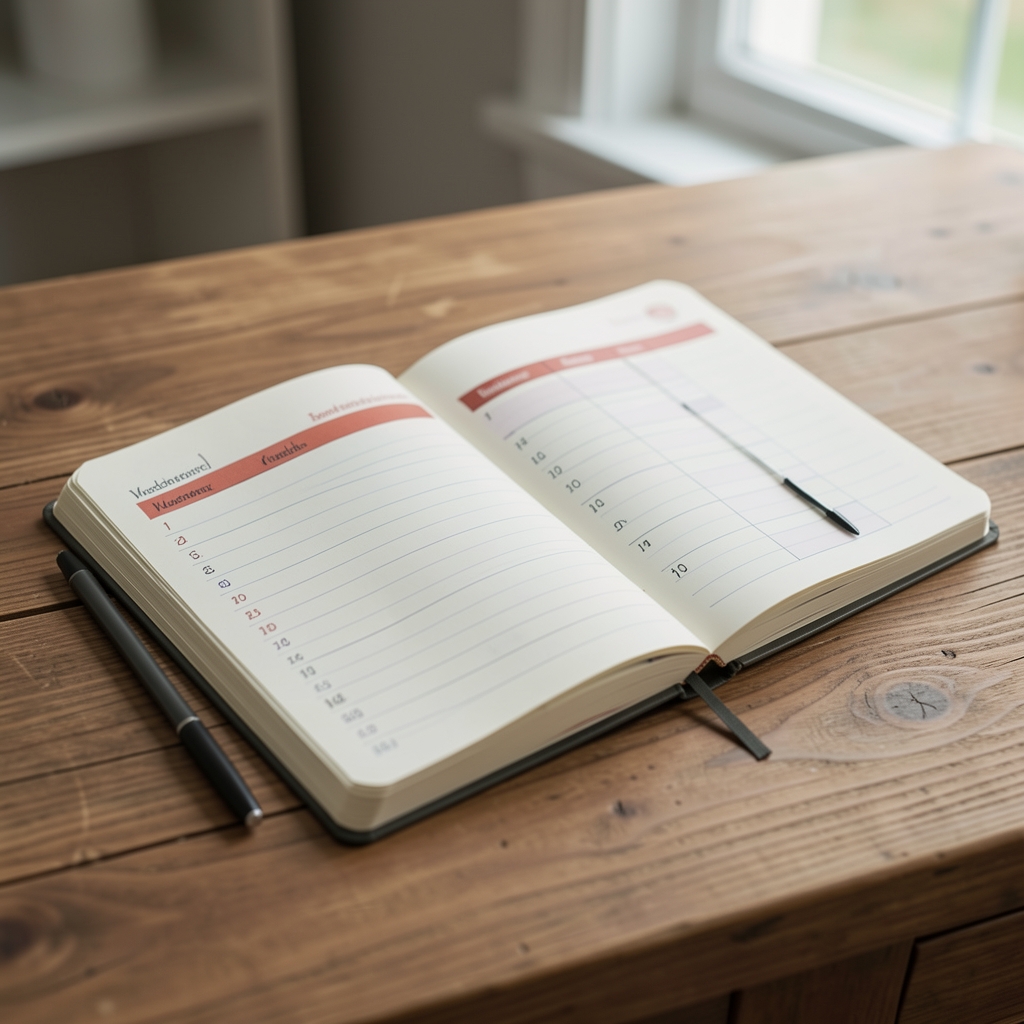 Notizbuch mit Wochenplan für Bewegungsgewohnheiten, aufgeschlagen auf einem Tisch mit Stift, Protokollierungsszene